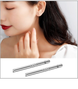 Detailed close-up and ear model view of sleek S999 sterling silver stud earrings set