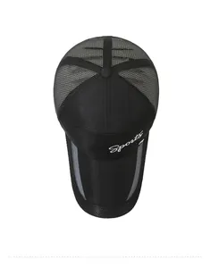 Top view of a black mesh trucker hat with Sports embroidery and reflective brim trim