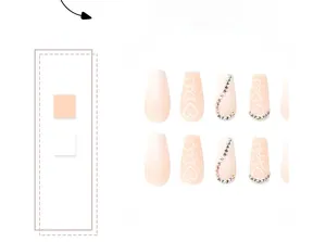 Macro detail of coffin shaped press-on nails with pink gradient and rhinestones