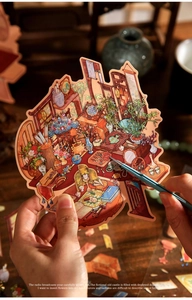 Detail of 3D Chinoiserie scenery sticker with tweezers for DIY scrapbooking