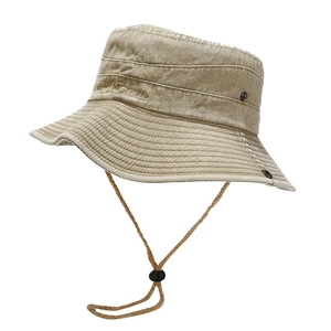 Khaki outdoor sun shade hat with wide brim, embroidery, and adjustable chin strap