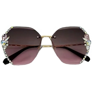 Rimless oversized sunglasses with brown gradient lenses and colorful side crystal rhinestones