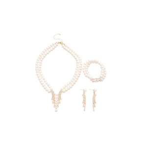 Elegant pearl jewelry set with double-strand necklace, bracelet, and tassel earrings
