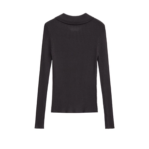 Flat lay back view of dark grey slim fit ribbed knit polo top with wide collar