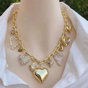 Layered Heart Pendant Necklace 18K Gold Plated Copper With Cubic Zirconia And Imitation Artificial Pearl Multi Charm Clavicle Chain