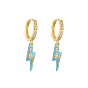 Detail of gold huggie earrings with light blue enamel lightning bolt charms and zircon gems