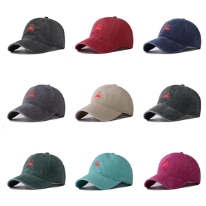 Vintage washed cotton baseball caps with red crab embroidery in nine color variations