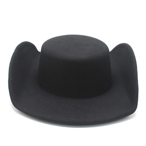 Classic black flat top wool felt fedora hat with wide brim in a western cowboy style