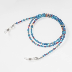 Close-up of colorful beaded eyeglass chain with silver lobster clasps and silicone loops