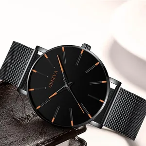 Detail view of ultra-thin black mesh band watch with orange markers and business wallet