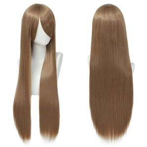Front and back view of 80cm brown long straight cosplay wig on model mannequin