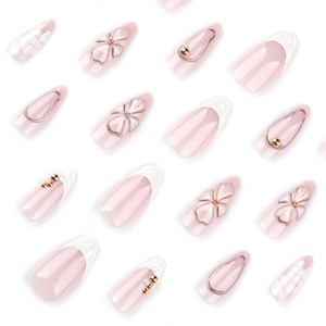 3D floral almond press-on nails with elegant pink and white French pearl designs