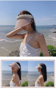 Detail of pink straw visor hat with rows of white pearl embellishments for women