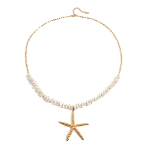 18K gold plated stainless steel starfish pendant necklace with white natural stone beads