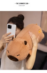 Detail of soft plush capybara pillow with orange fish embroidery and sleeping face