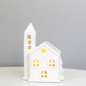 Minimalist white ceramic LED house lamp with warm light and tall chimney design