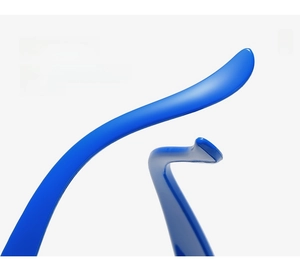 Detail of royal blue ergonomic curved temple legs of stylish heart sunglasses
