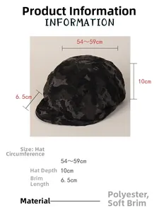 Detailed size chart for camo peaked cap showing 54-59cm circumference and 10cm depth