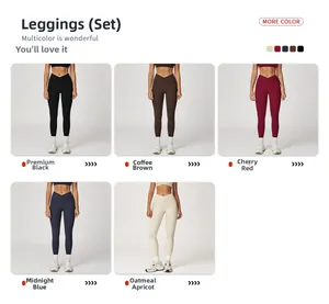 Detail view of high-waist V-shaped yoga leggings in five colors with tight fit design