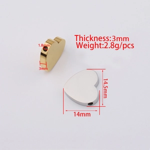 Mirror polished heart beads in gold and silver with dimensions 14x14.5mm for DIY jewelry