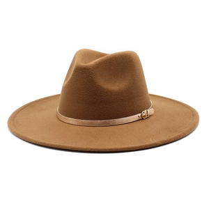 Detail of caramel wool felt fedora featuring a shiny gold band and metallic buckle