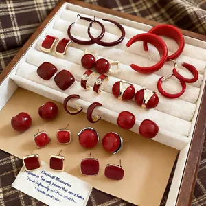 Vintage Red Enamel Copper Earrings With Silver Earring Post For Women New Year Party Jewelry Fashion Accessories