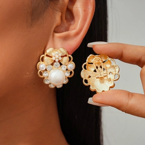 Vintage floral pearl earrings with gold metal finish and crystal rhinestones for women