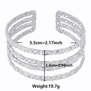 Adjustable four-layer hammered texture silver steel cuff bangle with sizing details
