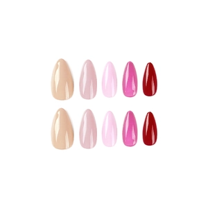 Almond press-on nails in 10-piece set featuring a five-color pink to wine red gradient