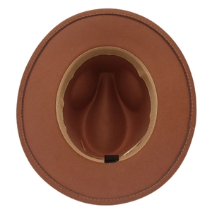 Detail view of brown wool fedora interior showing sweatband and high-quality felt texture