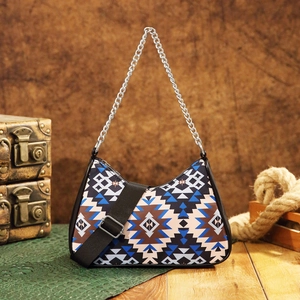 Detail of bohemian Aztec print handbag with metallic chain and adjustable strap