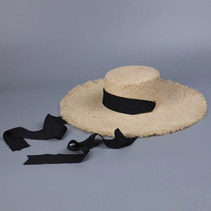 Raffia Straw Boater Hat Wide Brim Frayed Edge Flat Top With Ribbon Strap For Summer Beach Vacation Sun Protection Women