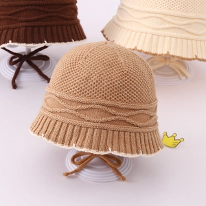 Kids knitted fisherman hat with wavy brim and chin straps in brown, beige and khaki