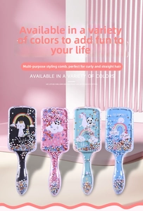 Detail of four transparent cartoon hairbrushes featuring cute glitter and character prints