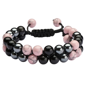 Handmade Beaded Bracelet Pink Turquoise Obsidian Hematite Adjustable Braided Rope Double Layer Ethnic Unisex Jewelry