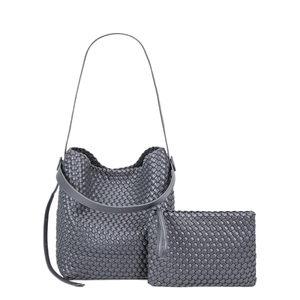 Minimalist grey hand-woven PU leather tote bag set with matching inner clutch