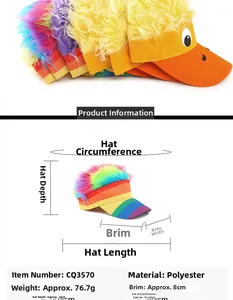 Size chart for fun duck sun visor with rainbow hair including dimensions and polyester material