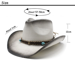 Detail view of woven cowboy hat showing 58cm size dimensions and turquoise bead trim