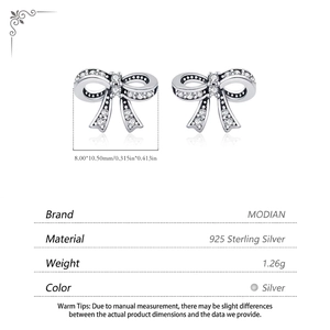 Sparkling S925 sterling silver bow knot stud earrings with dimensions of 8.00x10.50mm