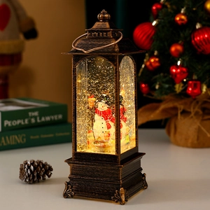 Retro bronze Christmas lantern with snowman and glowing LED glitters in cozy setting