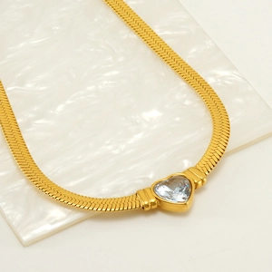Gold plated stainless steel herringbone chain necklace with heart zircon pendant