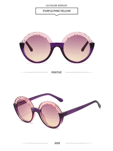 Detail view of round gradient sunglasses showing front and side profiles in purple tint