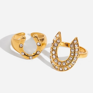 18K Gold Plated Stainless Steel Horseshoe U-Shape Open Ring Dainty Rhinestone Lucky Finger Jewelry For Women Girls Gift