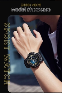 Detailed model shot of black and gold camouflage sports watch with dual display