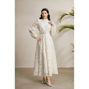 Elegant white lace dress with stand collar, lantern sleeves and belted waist details