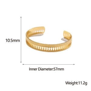 Detail view of gold stainless steel cuff bracelet with hollow pattern and size dimensions