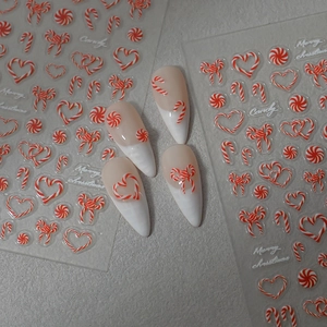 3D jelly Christmas candy cane nail stickers with red and white candy cane patterns