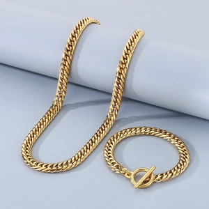 Polished gold Cuban link necklace and bracelet set with T-bar clasp in minimalist style