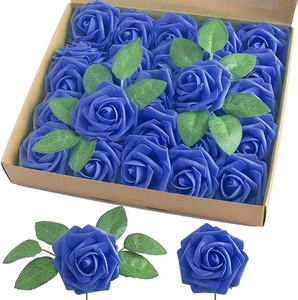 Detail view of 25 dark blue foam roses with green leaves in a kraft paper box
