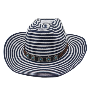 Striped straw panama sun hat with turquoise ethnic band for summer beach outdoor travel